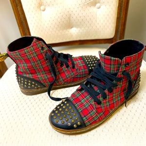 Dr. Martens Red Plaid Hackstud boots